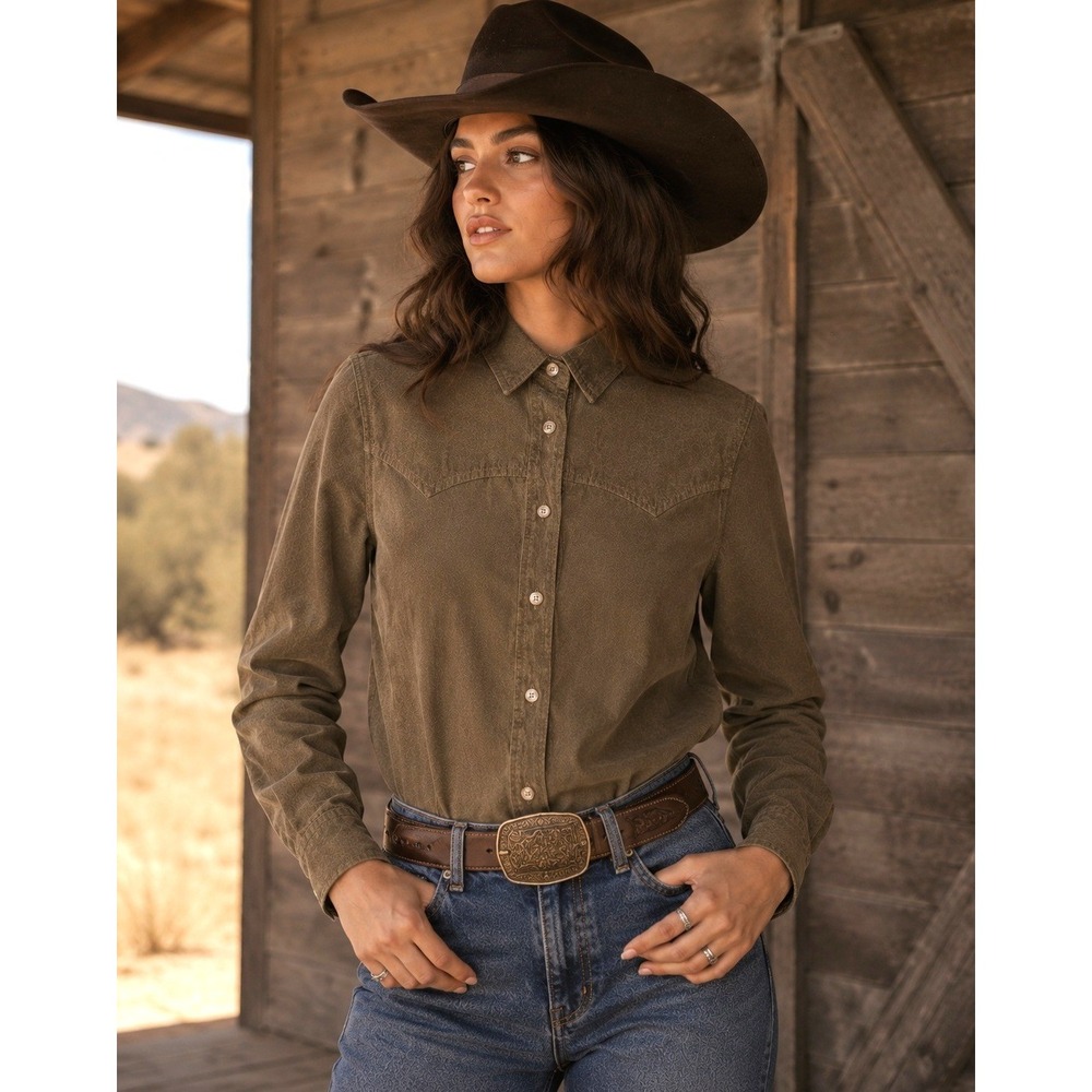 Bit & Bridle Womens Small Brown Faux Suede Yoke Western Button Front Shirt Rodeo
